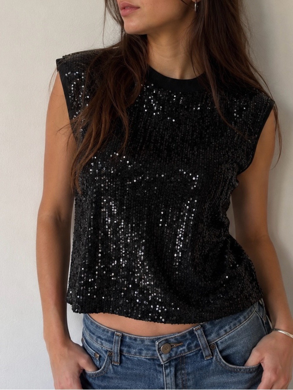 Skies Are Blue Black‎ Sequin Muscle Tank Top Large Indie Party Glam